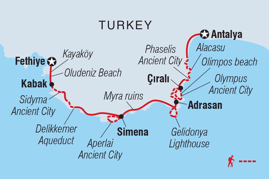 Map of the Lycian Way route from Fethiye to Antalya along Türkiye's Mediterranean coast, marking Kabak, Sidyma, Delikkemer, Aperlai, Simena, Myra, Gelidonya, Adrasan, Olympos, Çıralı, Phaselis and Alacasu